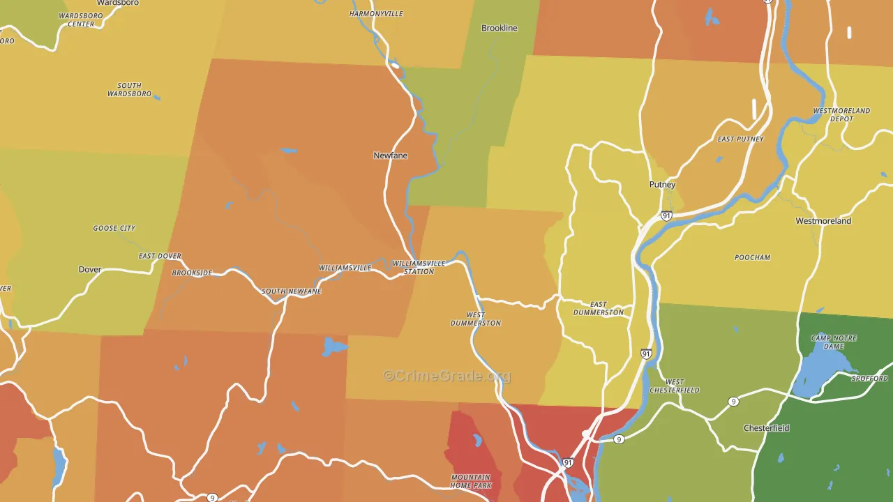 Windham County, VT Map of Vehicle Theft Rates