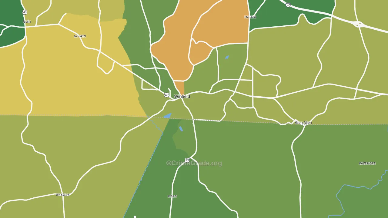 Winfield, AL Map of Vehicle Theft Rates