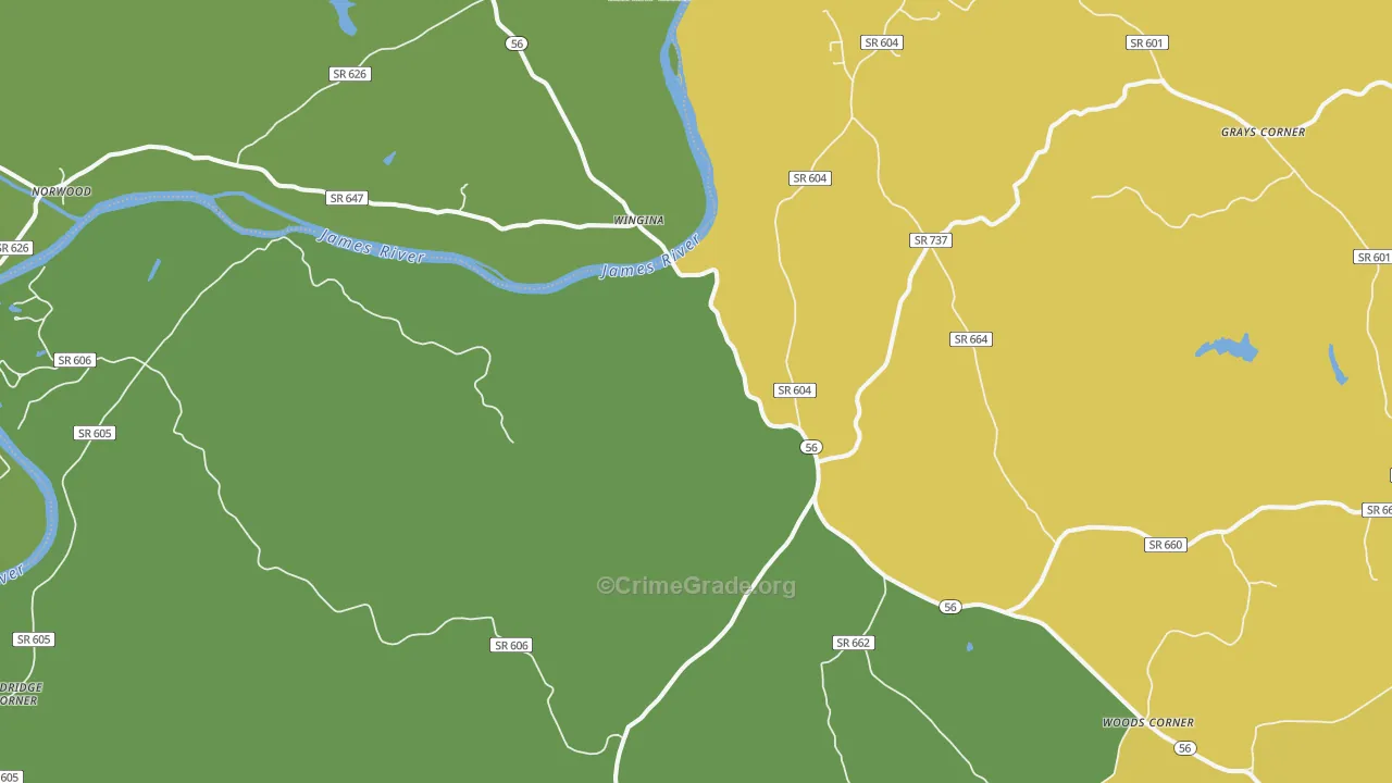 Wingina, VA Map of Vehicle Theft Rates