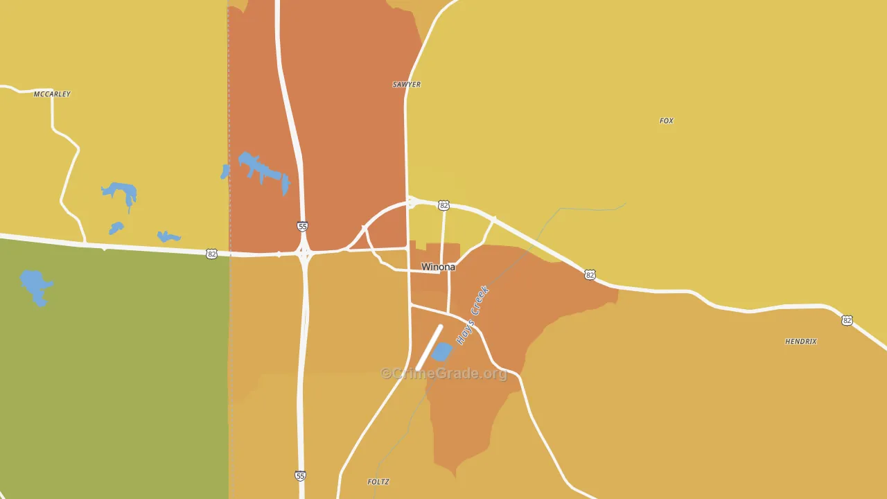 Winona, MS Map of Vehicle Theft Rates