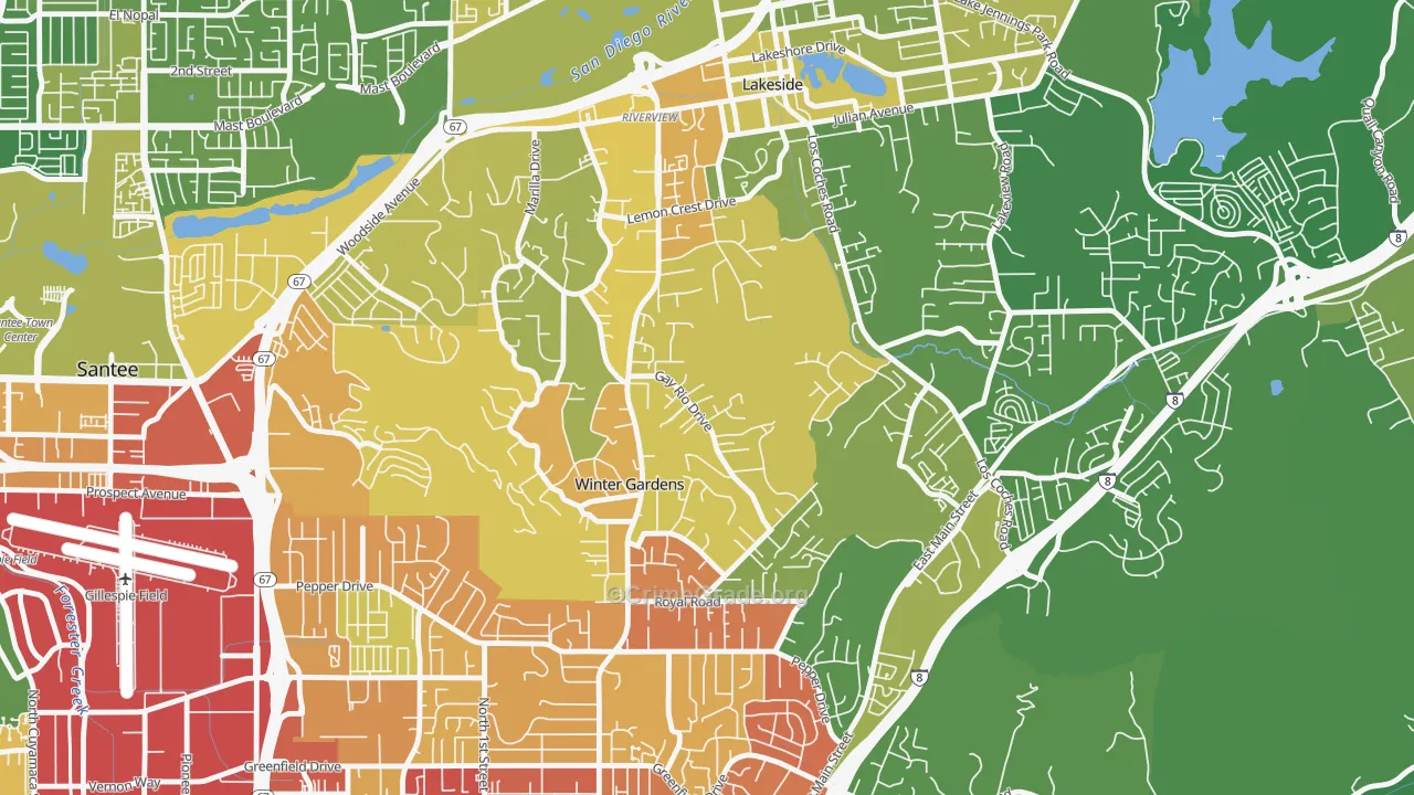 Winter Gardens, Lakeside, CA Map of Vehicle Theft Rates