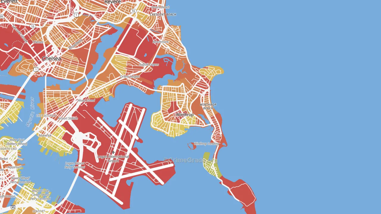 Winthrop Town, MA Map of Vehicle Theft Rates