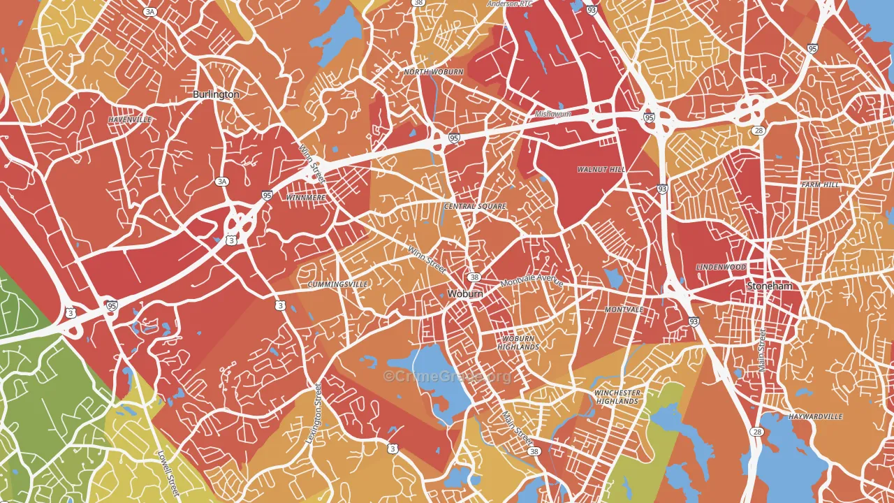 Woburn, MA Map of Vehicle Theft Rates