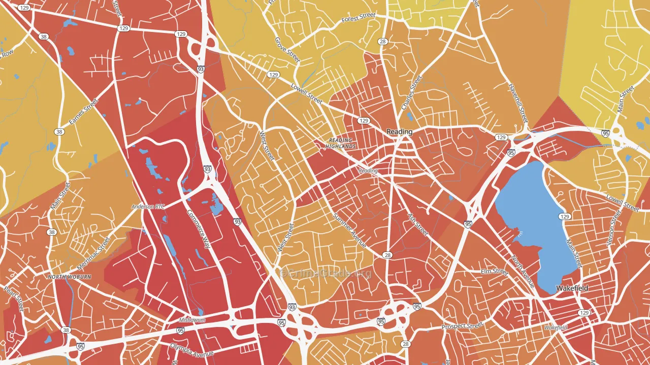 Woburn Street Historic District, Reading, MA Map of Vehicle Theft Rates