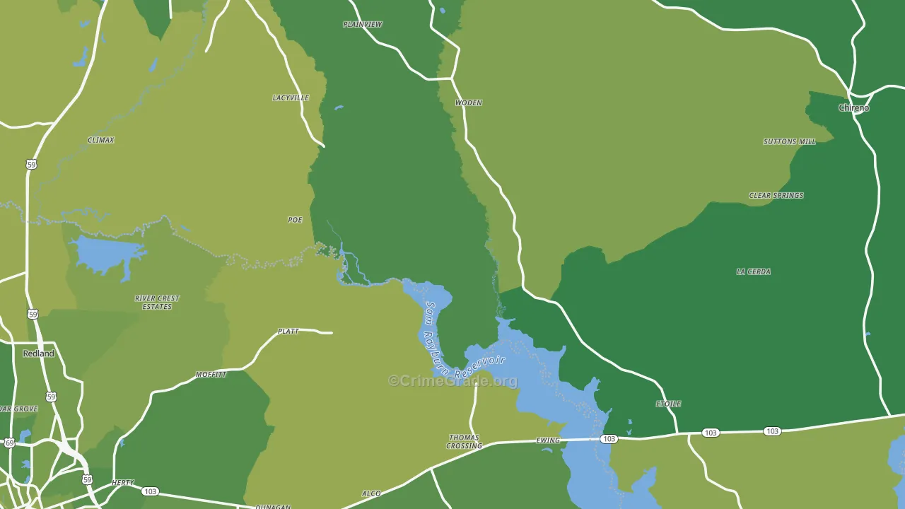 Woden, TX Map of Vehicle Theft Rates