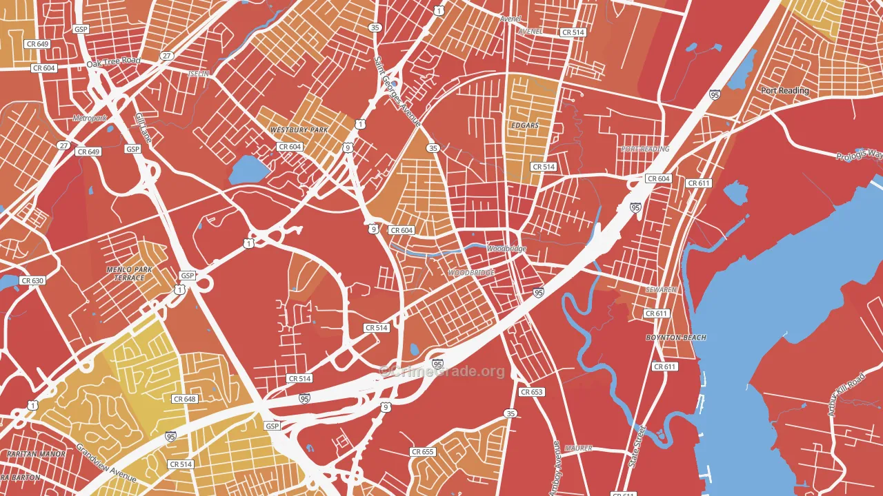 Woodbridge, NJ Map of Vehicle Theft Rates