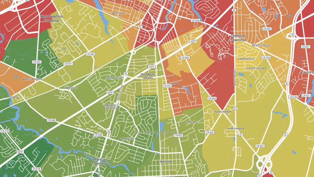 Woodbury Heights, NJ Map of Vehicle Theft Rates
