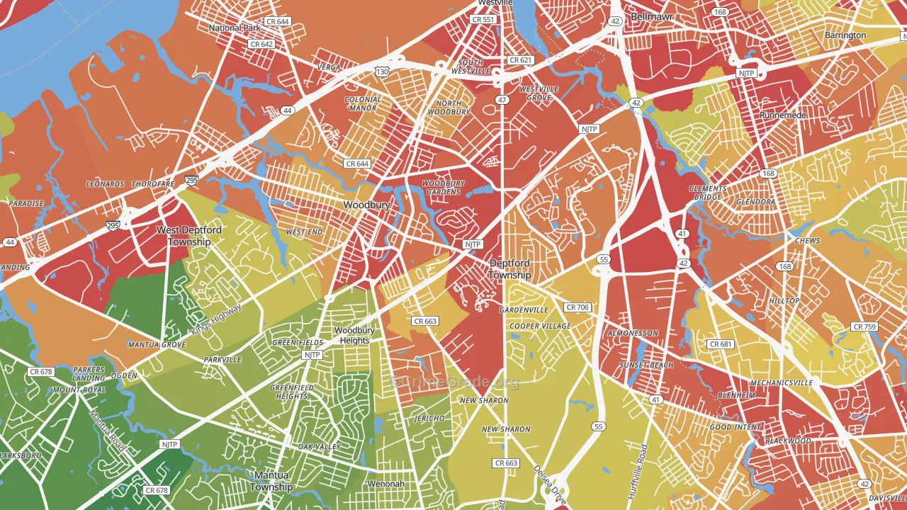 Woodbury, NJ Map of Vehicle Theft Rates