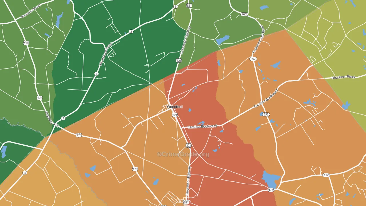 Woodford, SC Map of Vehicle Theft Rates