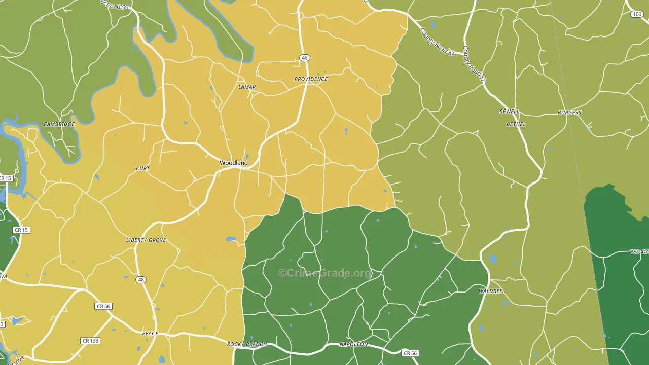 Woodland, AL Map of Vehicle Theft Rates
