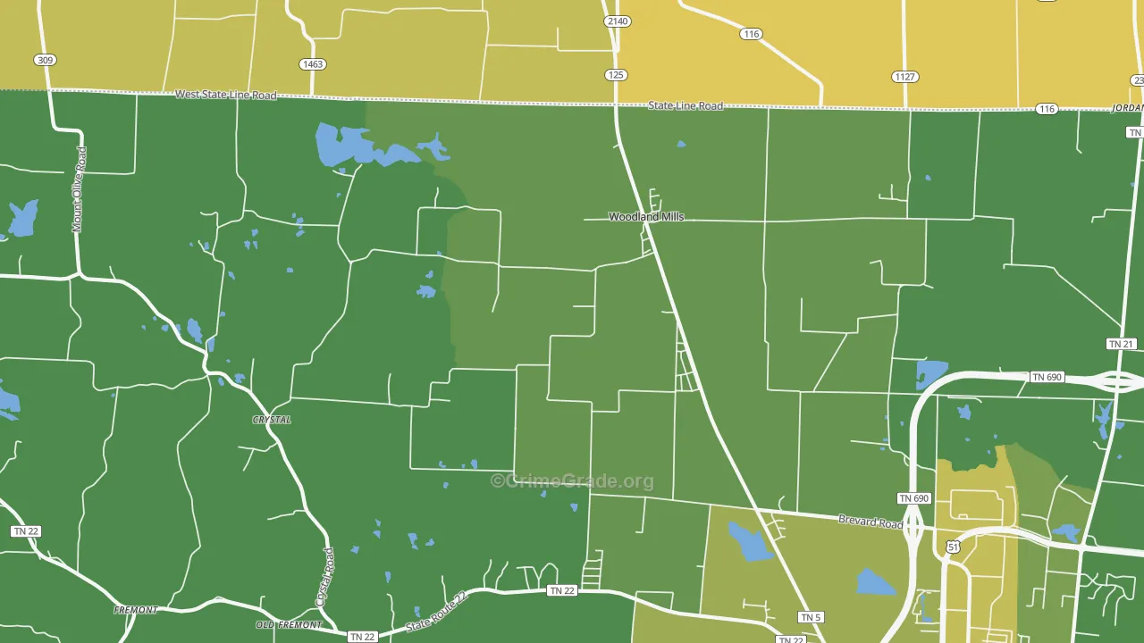 Woodland Mills, TN Map of Vehicle Theft Rates