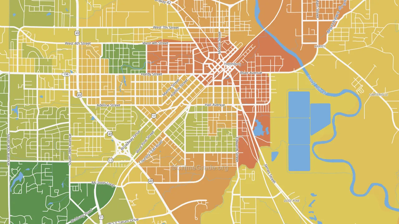 Woodlawn Court, Hattiesburg, MS Map of Vehicle Theft Rates