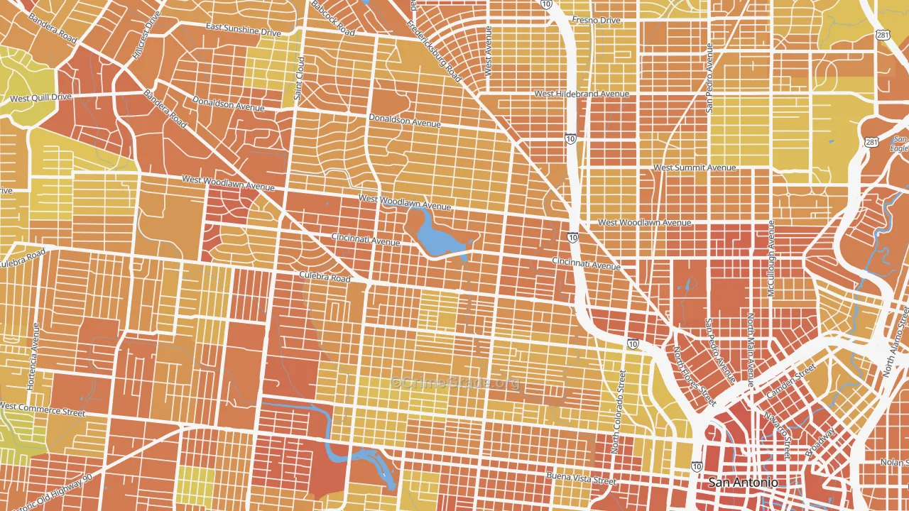 Woodlawn Lake, San Antonio, TX Map of Vehicle Theft Rates