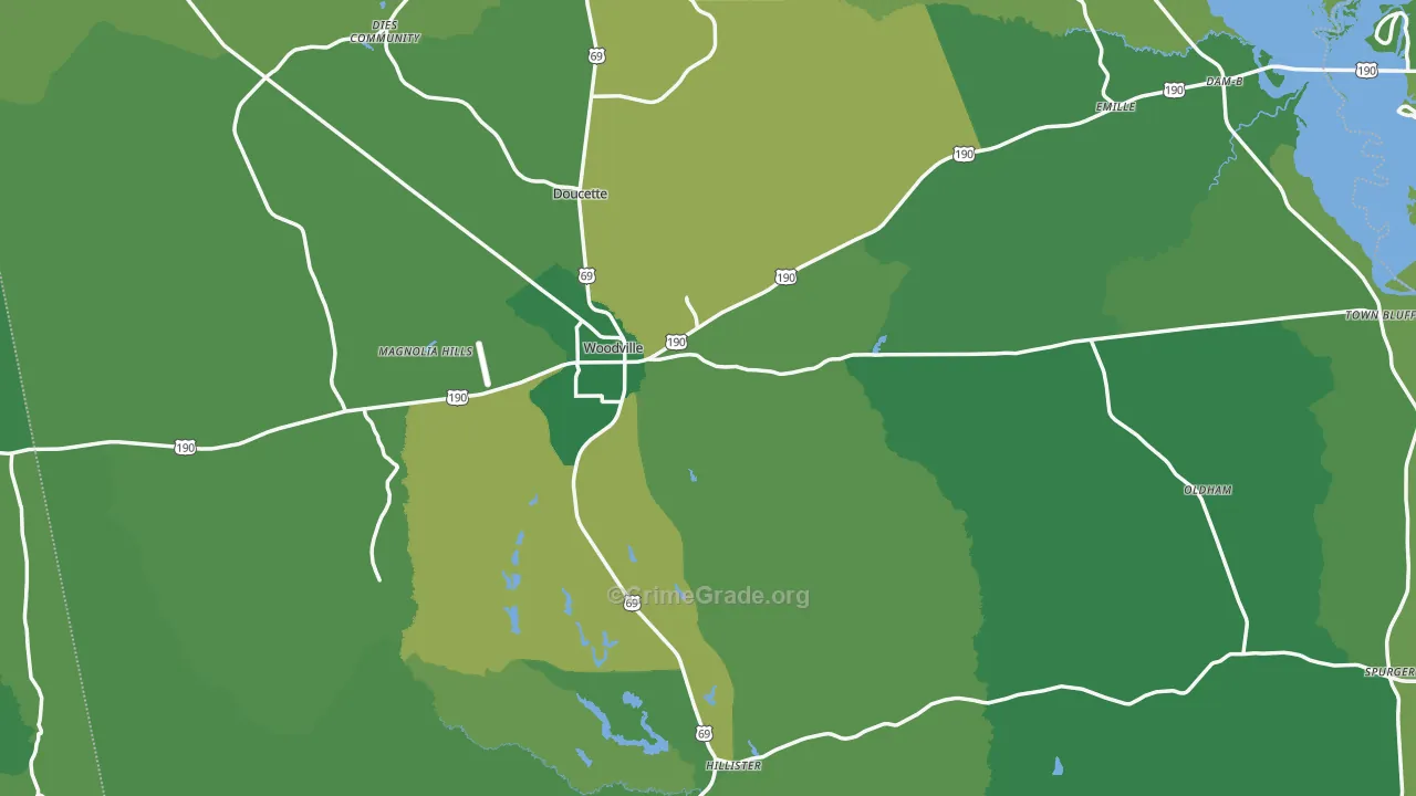 Woodville, TX Map of Vehicle Theft Rates