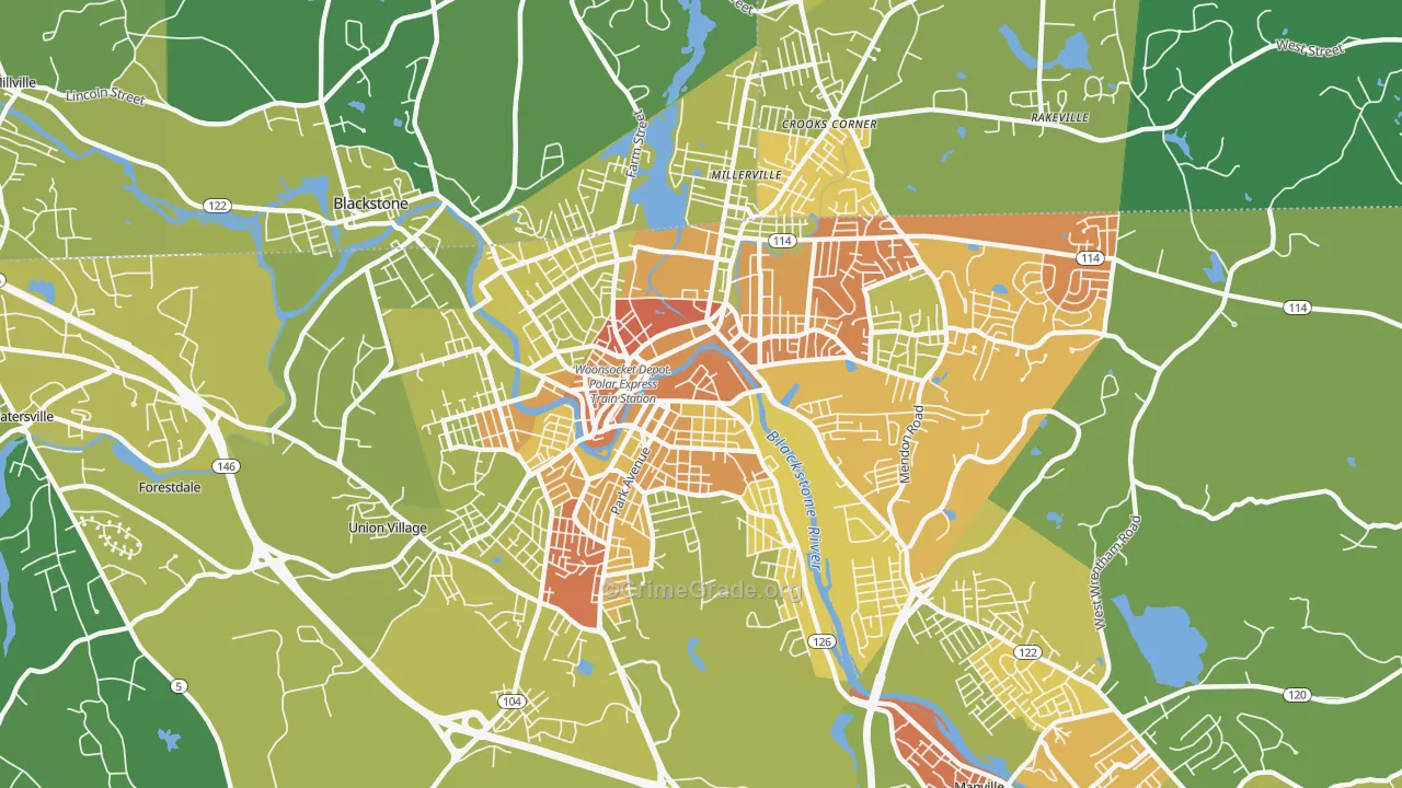 Woonsocket, RI Map of Vehicle Theft Rates