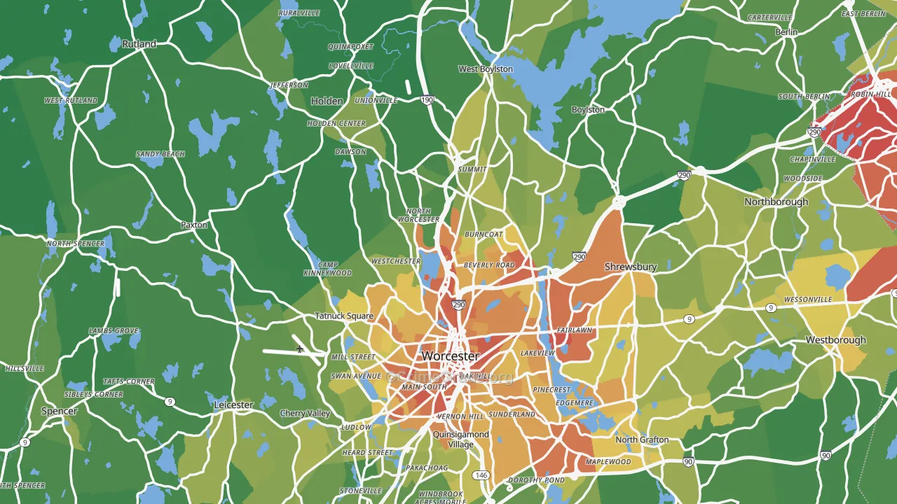 Worcester County, MA Map of Vehicle Theft Rates
