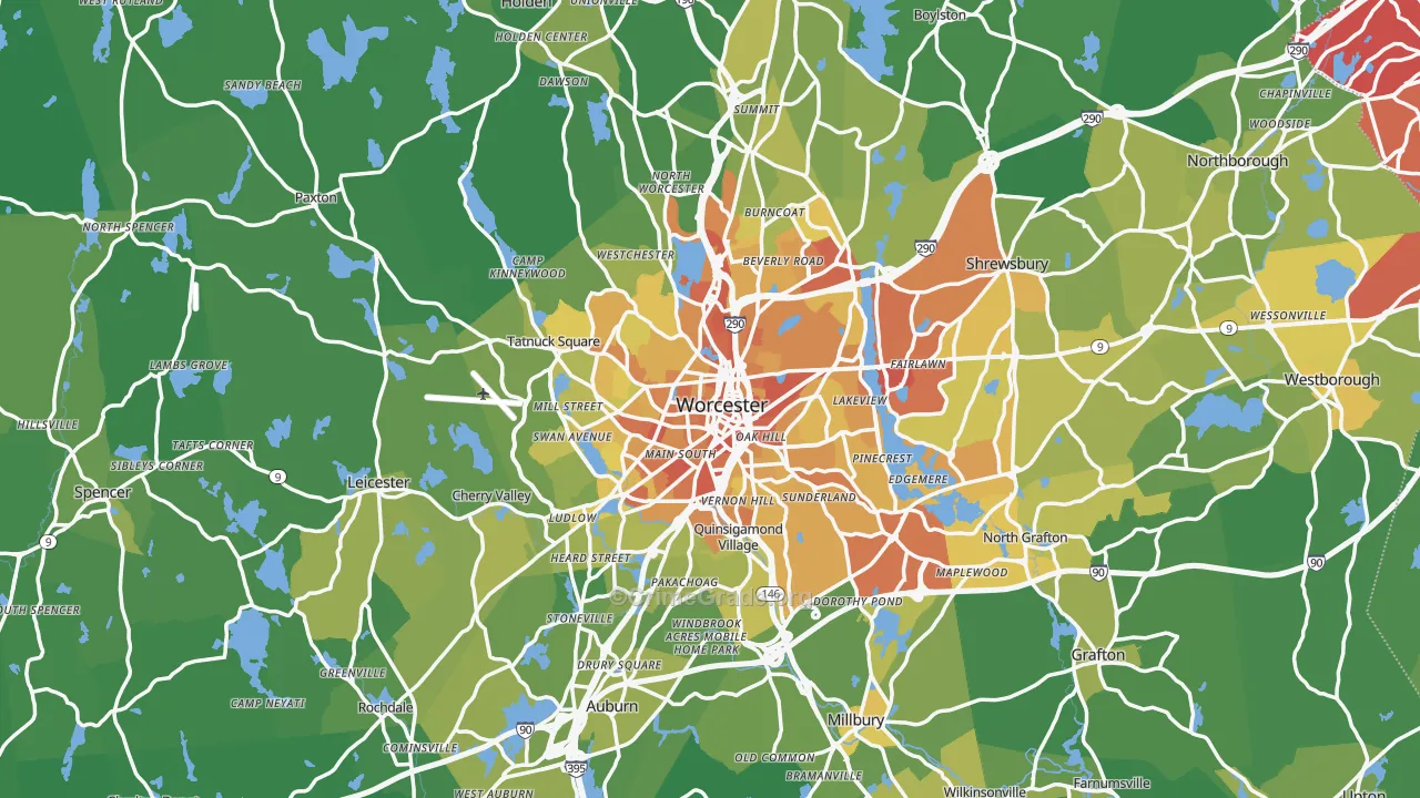 Worcester, MA Map of Vehicle Theft Rates
