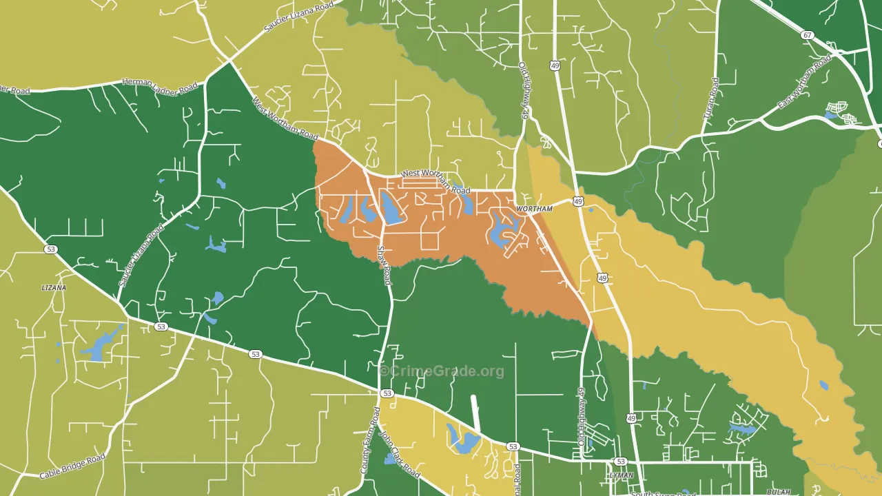 Wortham, MS Map of Vehicle Theft Rates