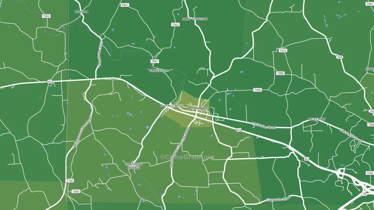 Worthington, PA Map of Vehicle Theft Rates