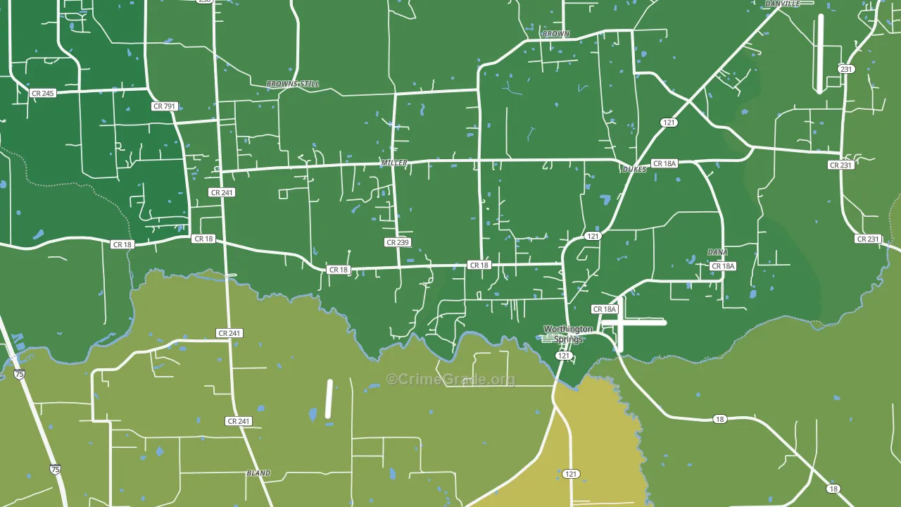 Worthington Springs, FL Map of Vehicle Theft Rates