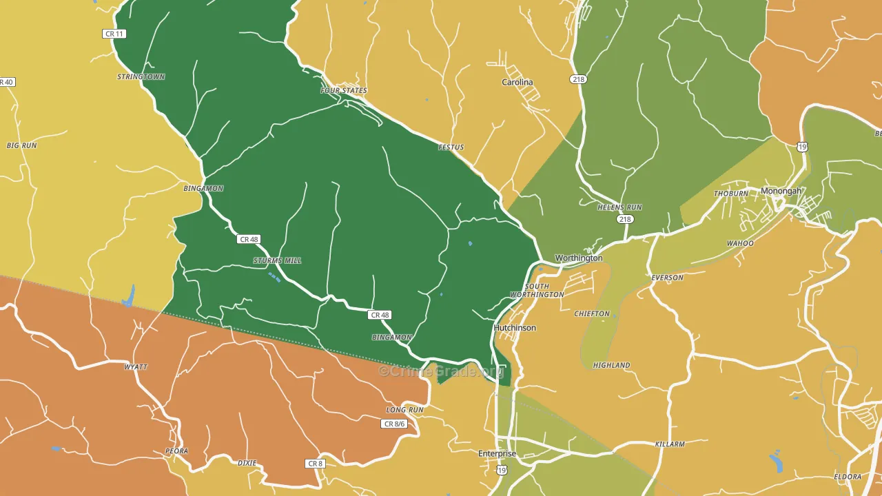 Worthington, WV Map of Vehicle Theft Rates