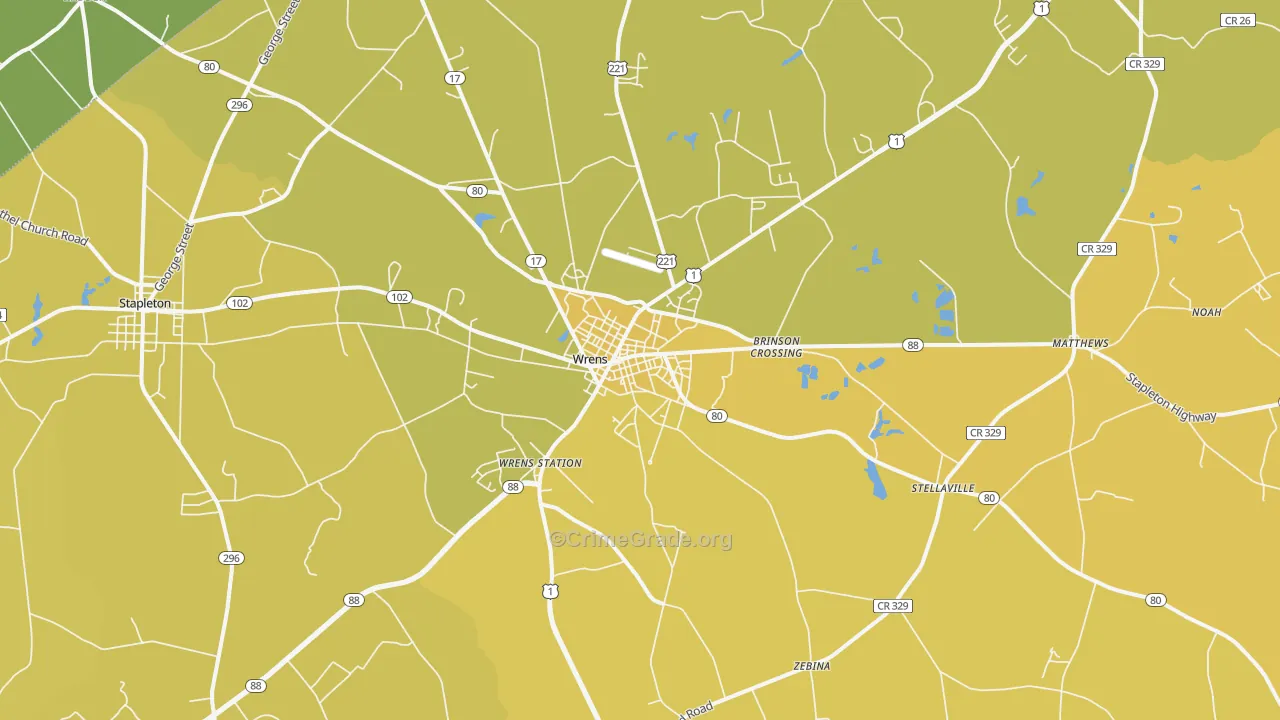 Wrens, GA Map of Vehicle Theft Rates