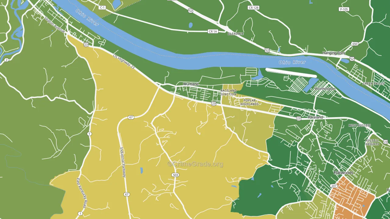 Wurtland, KY Map of Vehicle Theft Rates