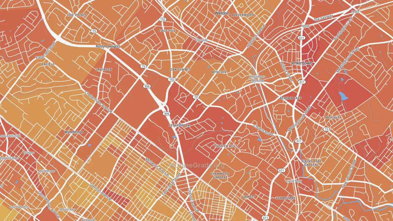 Wyncote, PA Map of Vehicle Theft Rates