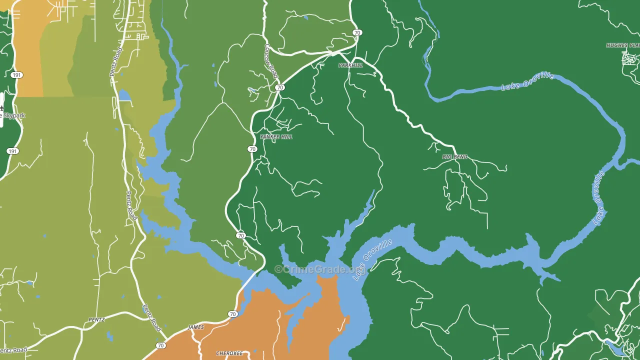 Yankee Hill, CA Map of Vehicle Theft Rates