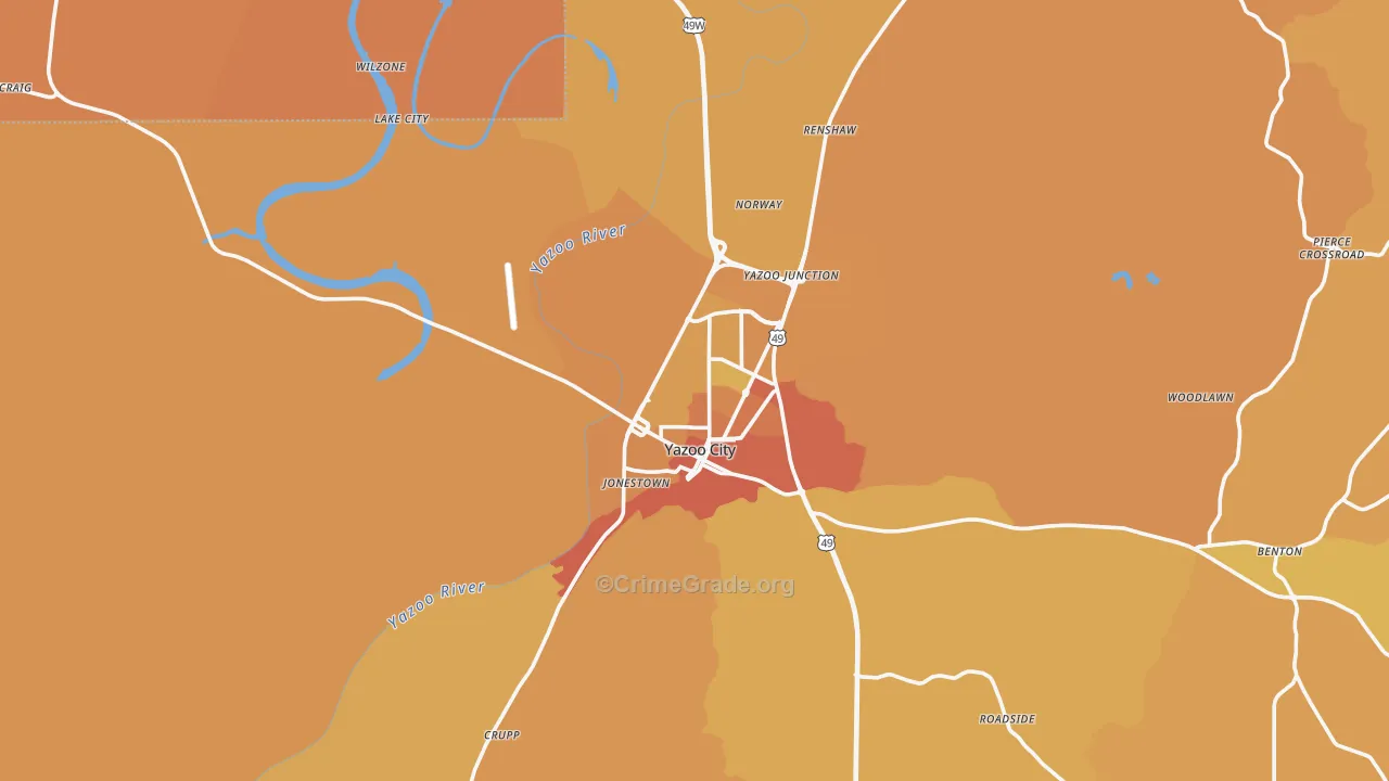 Yazoo City, MS Map of Vehicle Theft Rates