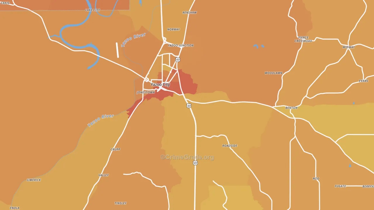Yazoo County, MS Map of Vehicle Theft Rates