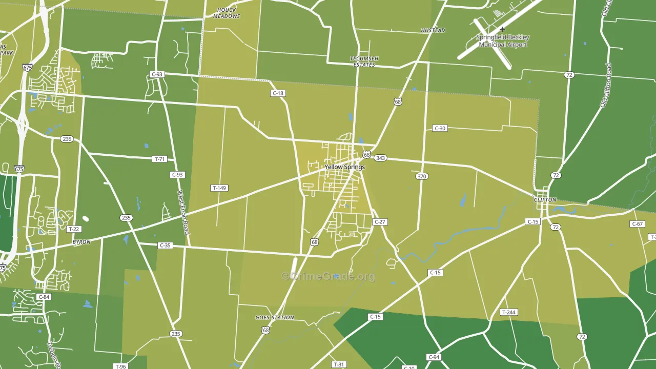 Yellow Springs, OH Map of Vehicle Theft Rates