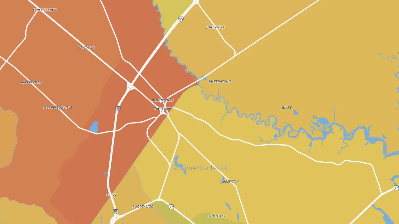 Yemassee, SC Map of Vehicle Theft Rates