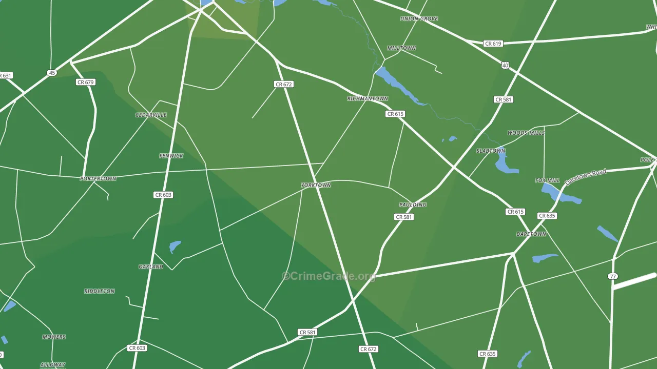 Yorktown, NJ Map of Vehicle Theft Rates
