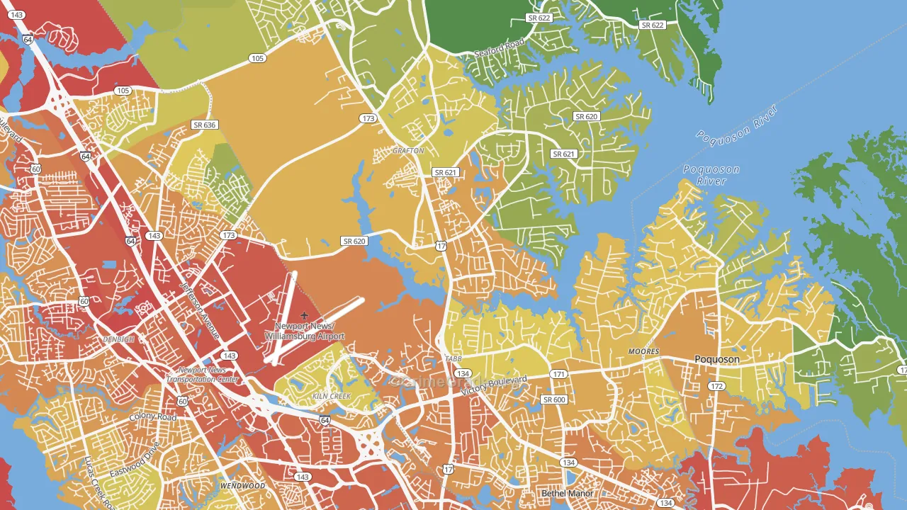 Yorktown, VA Map of Vehicle Theft Rates
