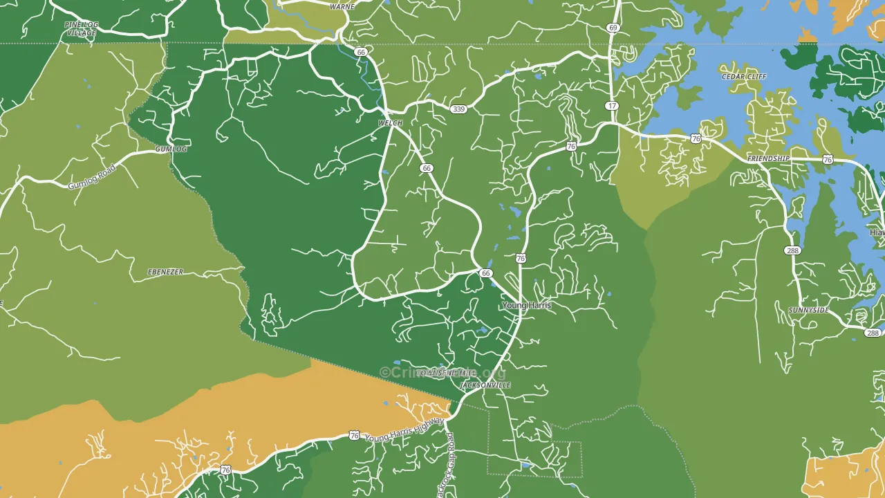 Young Harris, GA Map of Vehicle Theft Rates
