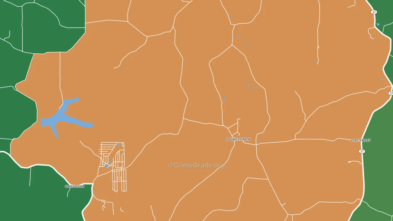 Youngs Creek, IN Map of Vehicle Theft Rates