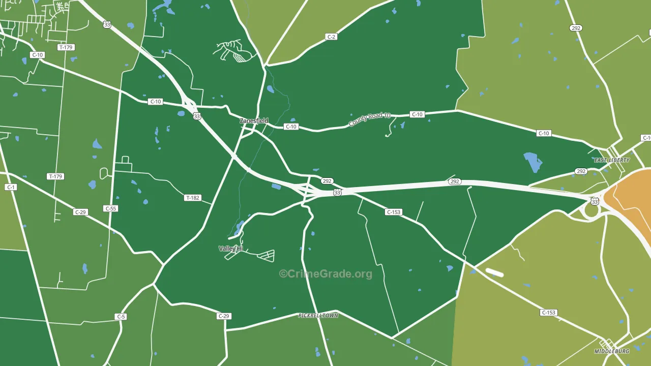 Zanesfield, OH Map of Vehicle Theft Rates