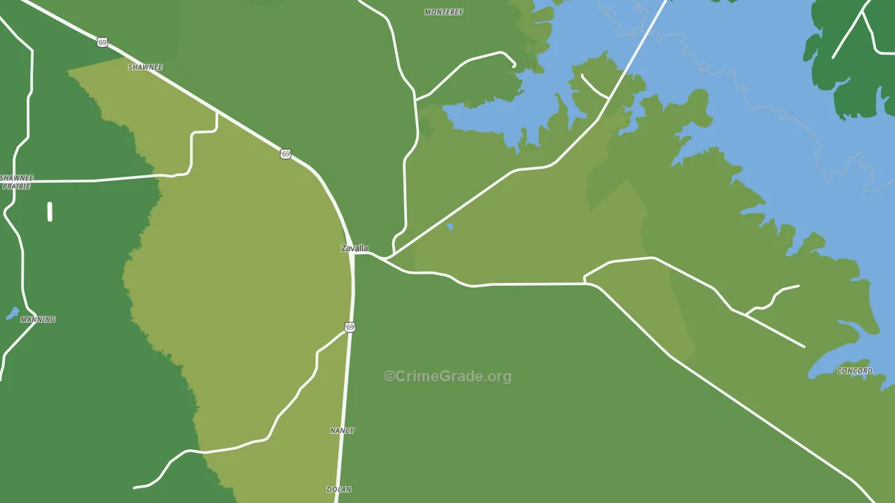 Zavalla, TX Map of Vehicle Theft Rates