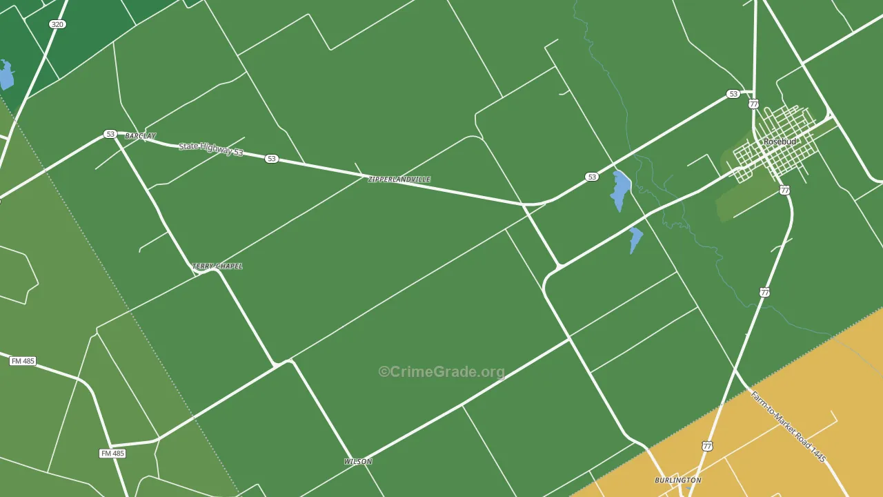 Zipperlandville, TX Map of Vehicle Theft Rates